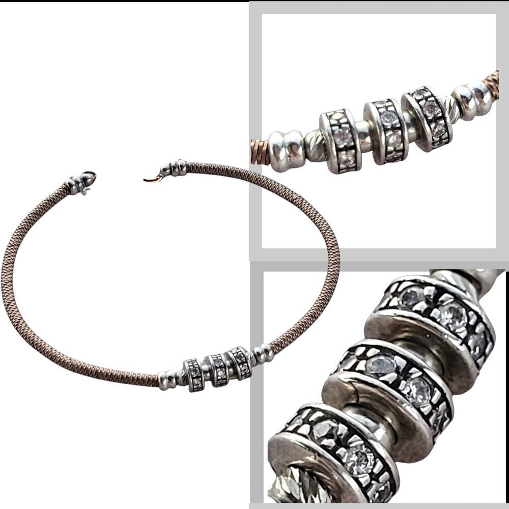 Dyadema 925 Italy Womens Two-Tone Cable Cuff Bracelet Pave Crystals Retired Vtg